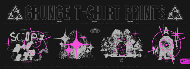 grunge retro prints for clothes. shabby graphic elements, aim and stars. blurred silhouettes of peop