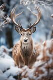 Fototapeta Zwierzęta - deer in a snow forest, Generative AI