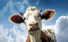 Portrait Of A Cow With Blue Sky