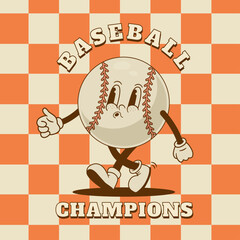 Wall Mural - Retro cartoon baseball mascot poster, print. Vintage game ball character vector illustration. Sport event, championship banner. Design for T shirt