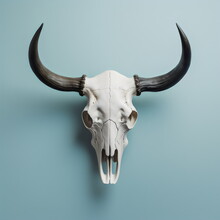 White Animal Skull With Black Horns Mounted On Wall Isolated On Plain Blue Studio Background