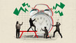 © Lustre Art Group  - Creative collage of young workers start work raise big huge clock over painting background. Work schedule.