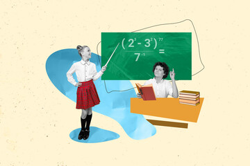 Poster - Composite collage of funny small preteen school boy and girl have teaching blackboard algebra counting theory isolated on beige background