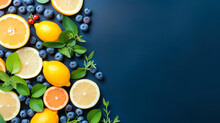 Summer Background Featuring Lemons, Oranges, Blueberries, And Mint Leaves. Ingredients For A Summer Lemonade. Summer Theme. Flat Lay, Top View, Copy Space.

Generative AI.