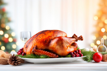 Wall Mural - thanksgiving dinner with roasted turkey on white wooden table. autumnal or christmas decoration.