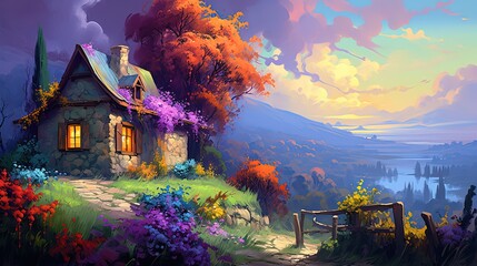 painting style illustration of  a small cottage on hill with beautiful nature scenery, Generative Ai