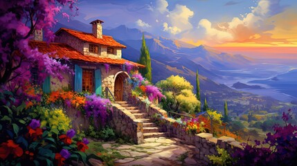 Wall Mural - painting style illustration of  a small cottage on hill with beautiful nature scenery, Generative Ai