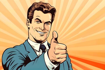 Wall Mural - Thumbs Up Businessman. Businessman like gesture, thumb up, retro comic style, advertising poster, charming. Generative AI