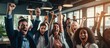 © VERTEX SPACE - celebrate greeting successful business people teamwork business team hand rising up victory hand gesture strategy achieve target goal together in modern office,ai generate