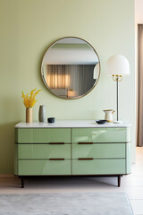 An emerald green interior design of minimalistic furniture and cabinetry, including a wall-mounted mirror above a dresser, a nightstand, a cupboard, and a sink, creates a dreamy atmosphere