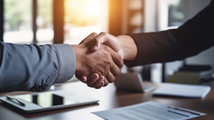 successful business agreement contract dealing businessman handshake close up hand palm with blur ci