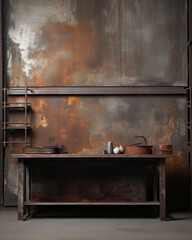 Rusty metal background with table for product display