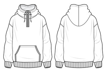 Wall Mural - half zip-up hoodie front and back view flat sketch vector illustration mockup template