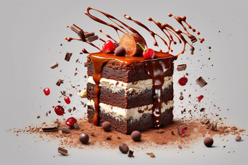 Wall Mural - Piece of chocolate cake with berries and chocolate splash on a background