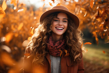 Portrait of a beautiful woman in the park in autumn