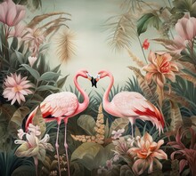 Pink Flamingos On A Tropical Background Wallpaper