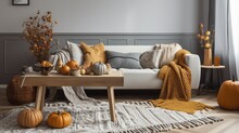 A Cozy Fall-palette Living Room Interior With Autumn Pumpkin Decor