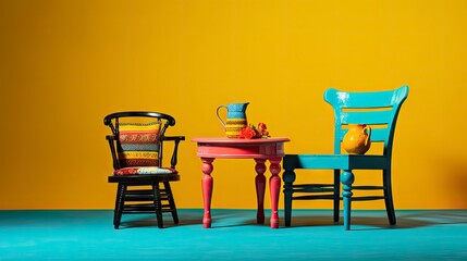 two colorful chair and table on yellow background