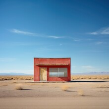 An Abandoned Red Colored Store In The Desert 