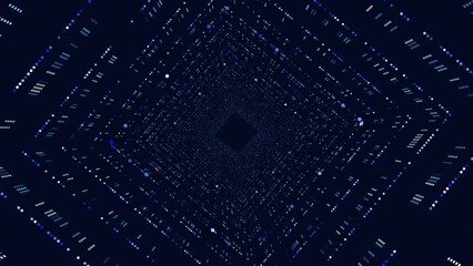 Dark tunnel illuminated by ethereal blue dots guides deeper into enigmatic allure. Set against a starry night backdrop, framed by intricate blue lines, enhancing mystery and celestial ambiance