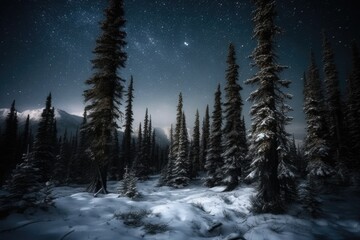 Wall Mural - Trees in the wintertime beneath a starry sky. Generative AI