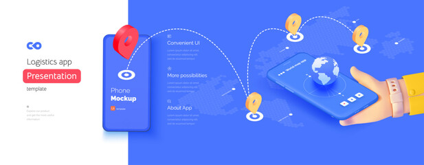 Poster - Navigation application template. The hand is holding a smartphone. global navigation system. Geotags on the map. Travel management. Isometric vector illustration isometry 3d style