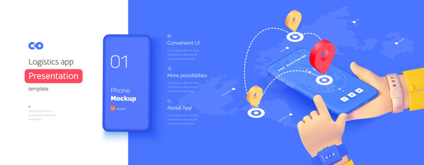 Poster - Navigation application template. The hand is holding a smartphone. global navigation system. Geotags on the map. Travel management. Isometric vector illustration isometry 3d style