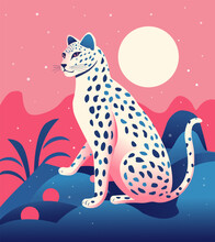 Colorful Vector Illustation Of White Leopard Or Jaguar On Pink And Blue Gradient Background With Mountains, Moon, Flower. Magic Concept. Trendy, Groovy Style. For Poster, Banner, Greeting Card.