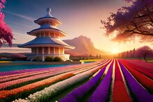 Chinese Temple At Sunset, Flowers In Front Of Chinese Temple 