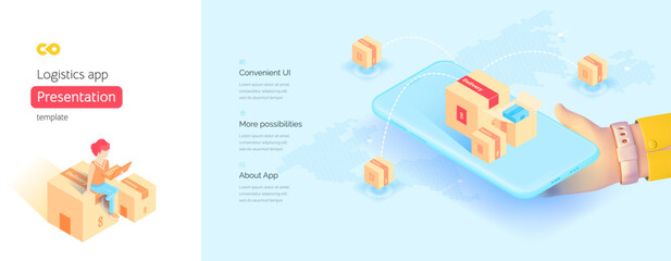 Poster - Delivery mobile application template. The hand is holding a smartphone. Delivery management. global navigation system. Geotags on the map. Isometric vector illustration isometry 3d style