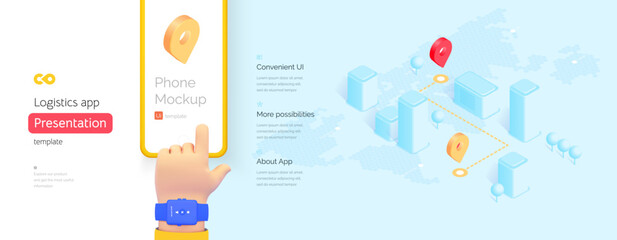 Wall Mural - Delivery mobile application template. The hand is holding a smartphone. Delivery management. global navigation system. Geotags on the map. Isometric vector illustration isometry 3d style