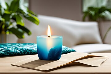 Wall Mural - Spa still life with aromatic candles and flowers on a wooden background