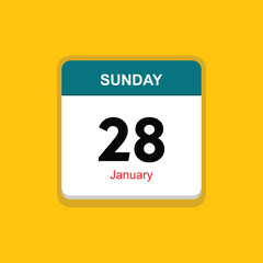 january 28 sunday icon with yellow background, calender icon