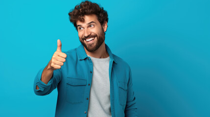 Wall Mural - Young handsome man standing over isolated blue background doing happy thumbs up gesture with hand.