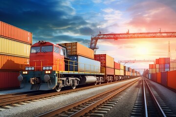 Global business of Container Cargo freight train for Business logistics concept, Air cargo trucking, Rail transportation and maritime shipping, Online goods orders worldwide