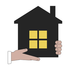 Poster - Hand holding apartment flat line color isolated vector object. Real estate building. Editable clip art image on white background. Simple outline cartoon spot illustration for web design