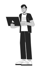 Fototapete - Promising young man holding laptop flat line black white vector character. Editable outline full body hardworking person. Simple cartoon isolated spot illustration for web graphic design