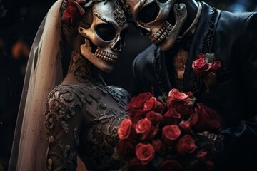 zombie skeleton wedding. halloween concept. background with selective focus and copy space