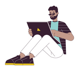 Fototapete - Happy young man sitting with laptop flat line color vector character. Editable outline full body freelancer working on white. Simple cartoon spot illustration for web graphic design