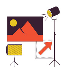 Poster - Photo studio equipment flat line concept vector spot illustration. Light on tripod and spotlight 2D cartoon outline objects on white for web UI design. Editable isolated color hero image