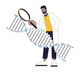 Poster - Scientist studying dna flat line concept vector spot illustration. Young man with magnifying glass 2D cartoon outline character on white for web UI design. Editable isolated color hero image