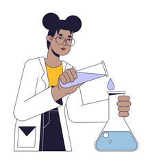 Poster - Scientist conducts experiment flat line concept vector spot illustration. Chemist pouring liquid into flask 2D cartoon outline character on white for web UI design. Editable isolated color hero image