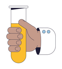 Poster - Hand holding test tube with liquid flat line color isolated vector object. Chemical reaction. Editable clip art image on white background. Simple outline cartoon spot illustration for web design