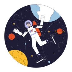 Poster - Astronaut in space flat line concept vector spot illustration. Man in space suit among planets 2D cartoon outline character on white for web UI design. Editable isolated color hero image
