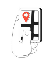 Fototapete - Hand holding gps smartphone monochrome flat vector object. Online navigation app. Editable black and white thin line icon. Simple cartoon clip art spot illustration for web graphic design