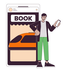 Poster - tourist buying tickets on train flat line concept vector spot illustration. online app. man using sm