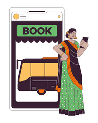 Poster - Buying ticket on bus online flat line concept vector spot illustration. Woman in sari using smartphone 2D cartoon outline character on white for web UI design. Editable isolated color hero image