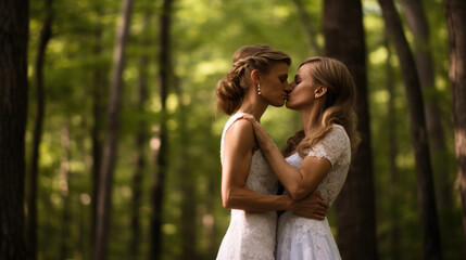 Wall Mural - Portrait of a happy same-sex lgbt couple kissing during their wedding. Created with Generative AI technology.