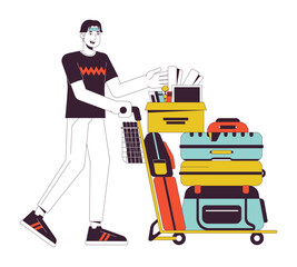 Poster - College freshman with belongings flat line vector spot illustration. College kid with luggage 2D cartoon outline character on white for web UI design. Moving to dorm editable isolated color hero image