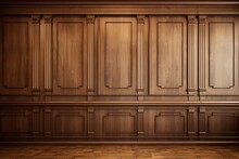 Luxury Wood Paneling Background Or Texture. Highly Crafted Classic / Traditional Wood Paneling, With A Frame Pattern, Often Seen In Courtrooms, Premium Hotels, And Law